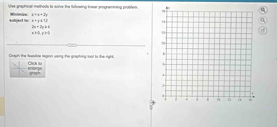 Use graphical methods to solve the following linear programming problem. 
Minimize: z=x+2y
subject to: x+y≤ 12
2x+2y≥ 4
x≥ 0, y≥ 0
Graph the feasible region using the graphing tool to the right. 
Click to 
enlarge 
graph