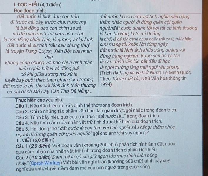 ĐỌC HIẾU (4,0 điểm) 
l 
đ 
Câu 1. Nêu dấu hiệu để xác định thế thơ trong đoạn trích. 
Câu 2. Chỉ ra những tác phẩm văn học dân gian được gợi nhác trong đoạn trích. 
Câu 3. Trình bày hiệu quá của cấu trúc "đất nước là..." trong đoạn trích. 
Câu 4. Nêu tình cảm của nhân vật trữ tình được thế hiện qua đoạn trích. 
Câu 5. Hai dòng thơ "đất nước là con tem với tình nghĩa sâu nặng/ thầm nhắc 
người đi đừng quên cội quên nguồn" gợi cho anh/chị suy nghĩ gì? 
II. VIẾT (6,0 điểm) 
Câu 1 (2,0 điểm): Viết đoạn văn (khoảng 200 chữ) phân tích hình ảnh đất nước 
qua cảm nhận của nhân vật trữ tình trong đoạn trích ở phần Đọc hiếu. 
Câu 2 (4,0 điểm)''Đam mê là gỗ cúi giữ ngọn lửa mục đích luôn bùng 
cháy.'' (Oprah Winfrey) Viết bài văn nghị luận (khoảng 600 chữ) trình bày suy 
nghĩ của anh/chị về niềm đam mê của con người trong cuộc sống.