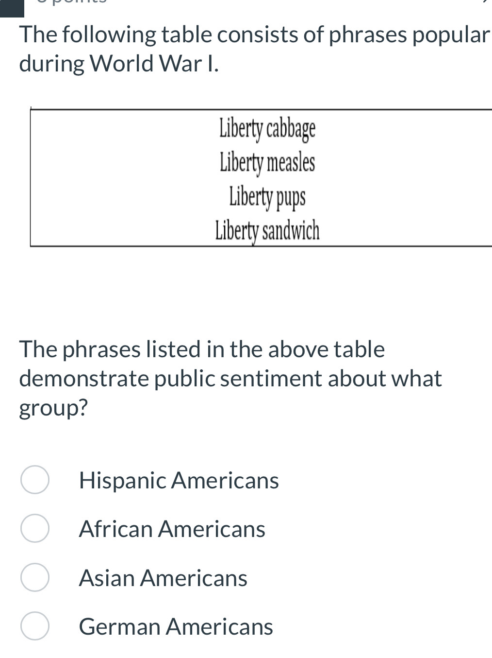 The following table consists of phrases popular
during World War I.
Liberty cabbage
Liberty measles
Liberty pups
Liberty sandwich
The phrases listed in the above table
demonstrate public sentiment about what
group?
Hispanic Americans
African Americans
Asian Americans
German Americans