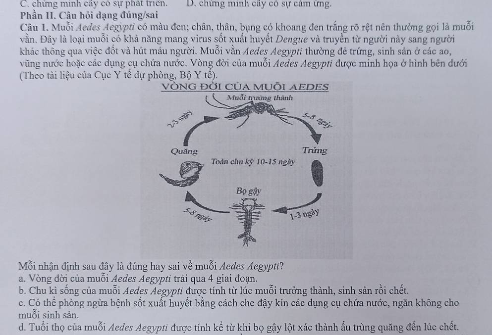 C. chứng mính cây có sự phát triển. D. chứng minh cây có sự cảm ứng.
Phần II. Câu hồi dạng đúng/sai
Câu 1. Muỗi Aedes Aegypti có màu đen; chân, thân, bụng có khoang đen trắng rõ rệt nên thường gọi là muỗi
vần. Đây là loại muỗi có khả năng mang virus sốt xuất huyết Dengue và truyền từ người này sang người
khác thông qua việc đốt và hút máu người. Muỗi vằn Aedes Aegypti thường đẻ trứng, sinh sản ở các ao,
vũng nước hoặc các dụng cụ chứa nước. Vòng đời của muỗi Aedes Aegypti được minh họa ở hình bên dưới
(Theo tài liệu của Cục Y tế dự phòng, Bộ Y tế).
Mỗi nhận định sau đây là đúng hay sai về muỗi Aedes Aegypti?
a. Vòng đời của muỗi Aedes Aegypti trải qua 4 giai đoạn.
b. Chu kì sống của muỗi Aedes Aegypti được tính từ lúc muỗi trưởng thành, sinh sản rồi chết.
c. Có thể phòng ngừa bệnh sốt xuất huyết bằng cách che đậy kín các dụng cụ chứa nước, ngăn không cho
muỗi sinh sản.
d. Tuổi thọ của muỗi Aedes Aegypti được tính kể từ khi bọ gậy lột xác thành ấu trùng quăng đến lúc chết.