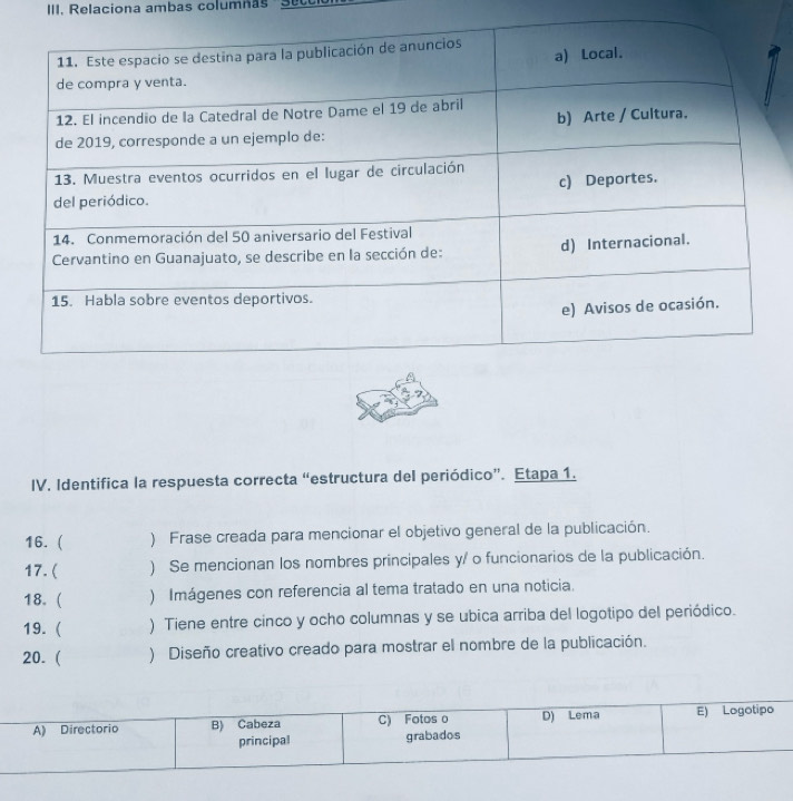 Relaciona ambas columnas 'Set 
IV. Identifica la respuesta correcta “estructura del periódico”. Etapa 1. 
16. ( ) Frase creada para mencionar el objetivo general de la publicación. 
17. ( ) Se mencionan los nombres principales y/ o funcionarios de la publicación. 
18. ( ) Imágenes con referencia al tema tratado en una noticia. 
19. ( ) Tiene entre cinco y ocho columnas y se ubica arriba del logotipo del periódico. 
20.( ) Diseño creativo creado para mostrar el nombre de la publicación.