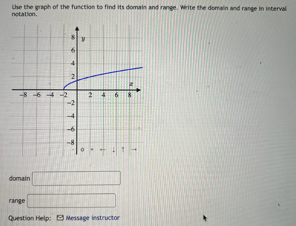 Use the graph of the function to find its domain and range. Write the domain and range in interval
notation.
domain □
range □
Question Help: Message instructor