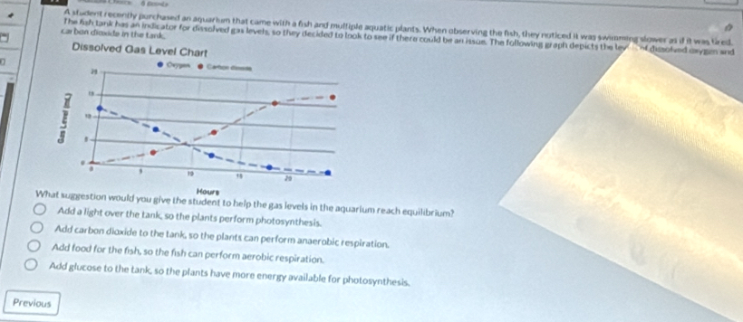 A student recently purchased an aquarium that came with a fish and multiple aquatic plants. When observing the fish, they noticed it was swimming slower as if it was lired.
car bon dioxide in the tank.
The fah tank has an indicator for dissolved gas leveh, so they decided to look to see if there could be an issue. The following graph depicts the ley f dissolved oxygen and
ould you give the student to help the gas levels in the aquarium reach equilibrium?
Add a light over the tank, so the plants perform photosynthesis.
Add carbon dioxide to the tank, so the plants can perform anaerobic respiration.
Add food for the fish, so the fish can perform aerobic respiration.
Add glucose to the tank, so the plants have more energy available for photosynthesis.
Previous