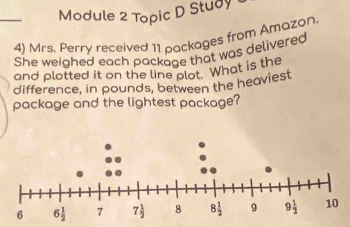 Module 2 Topic D Study 
_4) Mrs. Perry received 11 packages from Amazon.
She weighed each package that was delivered
and plotted it on the line plot. What is the
difference. in pounds, between the heaviest
package and the lightest package?