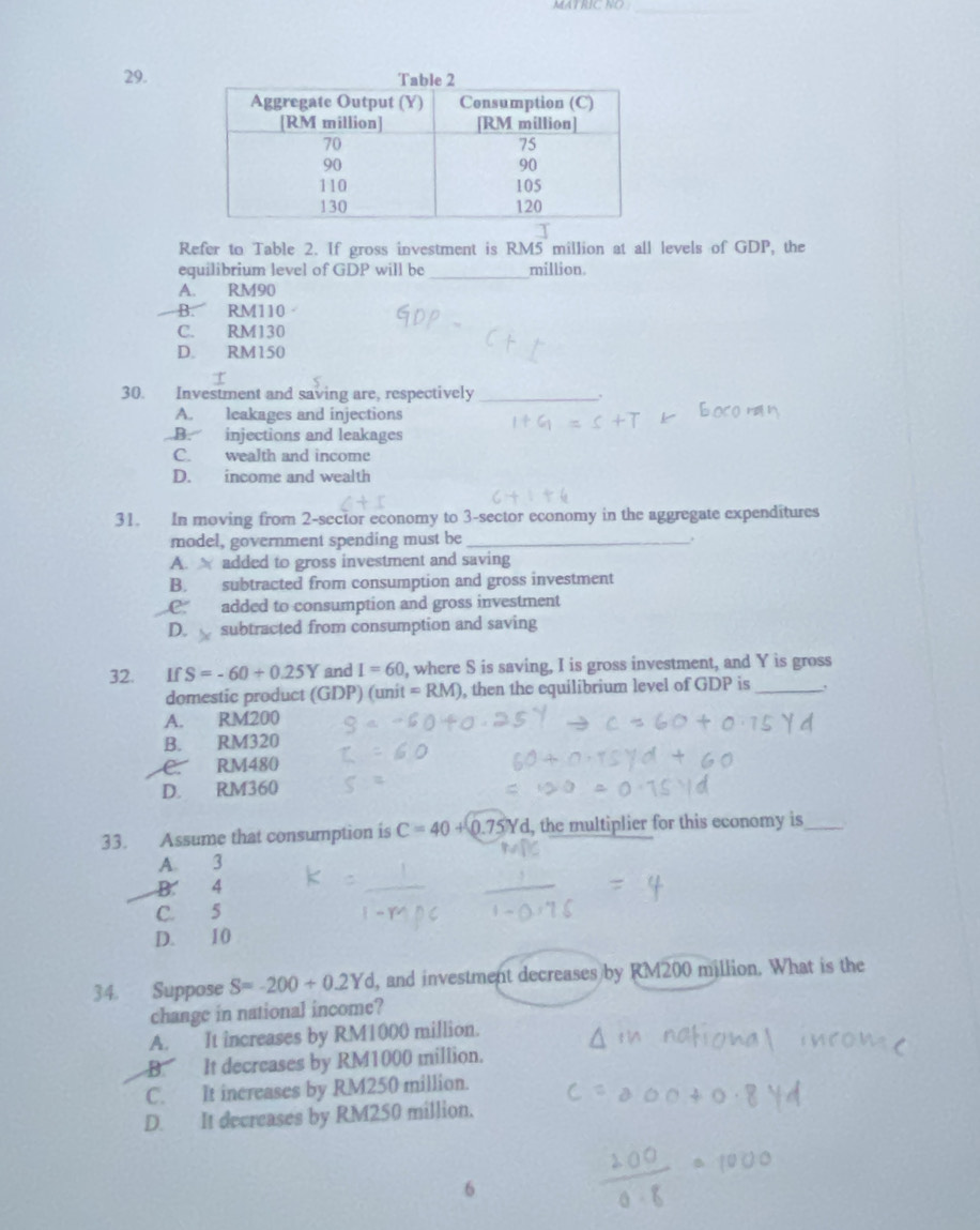 MAT RIC NO_
29.
Refer to Table 2. If gross investment is RM5 million at all levels of GDP, the
equilibrium level of GDP will be _ million.
A. RM90
B. RM110
C. RM130
D. RM150
30. Investment and saving are, respectively _.
A. leakages and injections
B. injections and leakages
C. wealth and income
D. income and wealth
31. In moving from 2 -sector economy to 3 -sector economy in the aggregate expenditures
model, government spending must be _.
A. added to gross investment and saving
B. subtracted from consumption and gross investment
C. added to consumption and gross investment
D. subtracted from consumption and saving
32. If S=-60+0.25Y and I=60 , where S is saving, I is gross investment, and Y is gross
domestic product (x) P) (unit=RM) , then the equilibrium level of GDP is_ ,
A. RM200
B. RM320
C. RM480
D. RM360
33. Assume that consumption is C=40+0.75Yd , the multiplier for this economy is _
A. 3
B. 4
C. 5
D. 10
34. Suppose S=-200+0.2Yd , and investment decreases by RM200 million. What is the
change in national income?
A. It increases by RM1000 million.
B. It decreases by RM1000 million.
C. It increases by RM250 million.
D. It decreases by RM250 million.