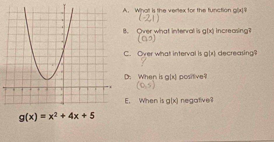 What is the vertex for the function g(x) 2 
. Over what interval is g(x) increasing? 
C. Over what interval is g(x) decreasing? 
D. When is g(x)
positive? 
E. When is g(x) negative?
g(x)=x^2+4x+5