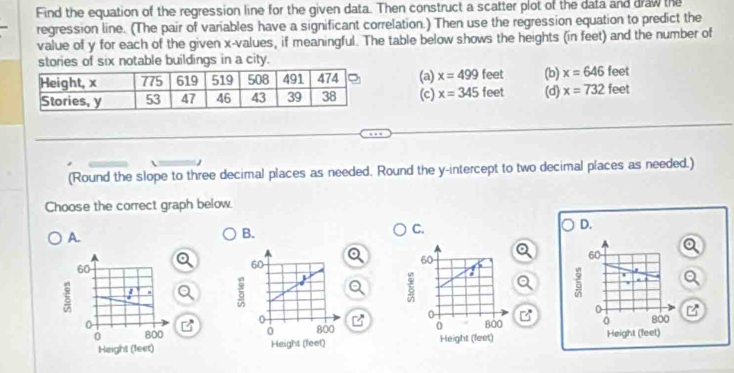 Find the equation of the regression line for the given data. Then construct a scatter plot of the data and draw the
regression line. (The pair of variables have a significant correlation.) Then use the regression equation to predict the
value of y for each of the given x -values, if meaningful. The table below shows the heights (in feet) and the number of
stories of six notable buildings in a city.
.
(a) x=499 feet (b) x=646fee leet
(c) x=345 feet (d) x=732
(Round the slope to three decimal places as needed. Round the y-intercept to two decimal places as needed.)
Choose the correct graph below.
A.
B.
C.
D.
60
5
B B B 0 800 a
0
Height (feet)