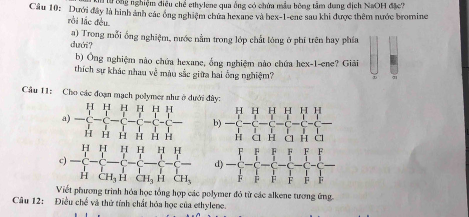 Kh lừ ông nghiệm điều chế ethylene qua ống có chứa mẫu bông tầm dung dịch NaOH đặc?
Câu 10: Dưới đây là hình ảnh các ống nghiệm chứa hexane và hex-1-ene sau khi được thêm nước bromine
rồi lắc đều.
a) Trong mỗi ống nghiệm, nước nằm trong lớp chất lỏng ở phí trên hay phía
dưới?
b) Ông nghiệm nào chứa hexane, ống nghiệm nào chứa hex-1-ene? Giải
thích sự khác nhau về màu sắc giữa hai ống nghiệm? (1) (2)
Câu 11: Cho các đoạn mạch polymer như ở dưới đây
a) beginarrayr HHHHH -C-C-C-C-C-C-C-C- HHHHHHendarray.
c) beginarrayr HHHHHH -beginarrayl H&H&-C-C--C--CH_3-1HCH_3HCH,H,HCH_3
Viết phương trình hóa học tổng hợp các polymer đó từ các alkene tương ứng.
Câu 12: Điều chế và thử tính chất hóa học của ethylene.