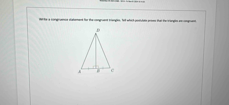 ember 04 2024 CNMB - 10/14 - Fi Now 01 2024 15 14.35 
Write a congruence statement for the congruent triangles. Tell which postulate proves that the triangles are congruent.