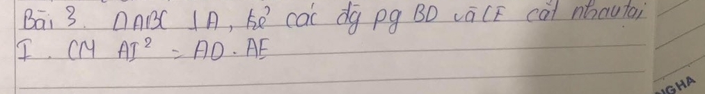 Bāi 3. DABC IA, bē cac dg pg BD áCE càt ntcutai 
I. CMAI^2=AO. AE