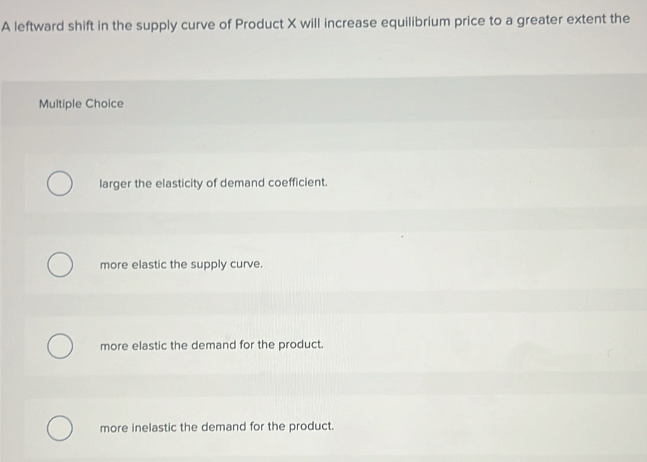 A leftward shift in the supply curve of Product X will increase equilibrium price to a greater extent the
Multiple Choice
larger the elasticity of demand coefficient.
more elastic the supply curve.
more elastic the demand for the product.
more inelastic the demand for the product.