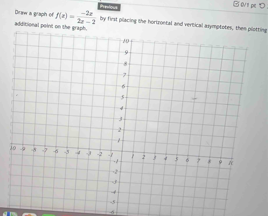 Previous 
□0/1 ptつ 
Draw a graph of f(x)= (-2x)/2x-2 
additional point on by first placing the horizontal and vertical asymptotes, then plotting
-6