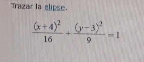 Trazar la elipse.
frac (x+4)^216+frac (y-3)^29=1