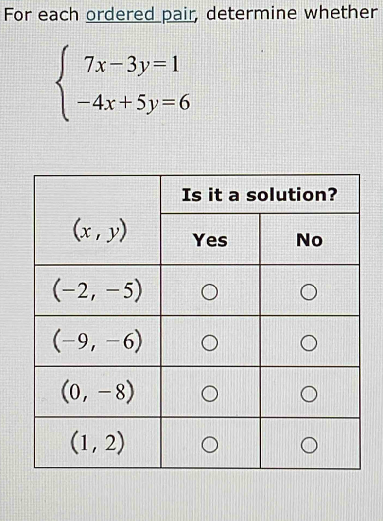 For each ordered pair, determine whether
beginarrayl 7x-3y=1 -4x+5y=6endarray.