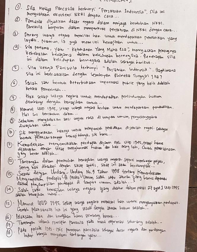 ①. Sila Keliga pancasila berbunyi " Persatuan Indonesia ". Sla ini
menguatkan esitensi NKRI dengan care. . .
③. Pancasil digadikan dosar negare dalam merjaga keutiban NKR1.
Pancasila berperon dolom memperkvet persotvan diNKeI dergen cars. ..
③. Seorong wargs negare memillks har untuk mendapatken pendidlkgn yong
layak. Nomun, is guga mems liti keworiban untuk. .
(. Sile pertema, yont " Ketunanen Tong Mang Eso ", menegaston penting ruo
kebebasan beragama dolam kekdupan bernegara. Penerapan sila
ini dalam kelidupan bernegan adalon selagei berikut. ..
5. Silo ketiga Pancasile heckunyi " Persatan Indonesia " Bagaimona
sila ini bericzikallom dengan semboyon Bhineto Tungga1 1 Ë?
⑥6. Salah saw benfnk beterbukan ineormasi pablic fang baik adolah
ketice pemerinton. . .
⑦. Hak setiop warga negara untul mendopatten perlindungan hurum
dilmbargr dergon bewogiben umtut. .
. Menwrut uup (945, sexop warg negars berhar unfue mendepn pendedican.
Hel Ini tercantom dolm..
⑨. Sebetum mengodakan ars: unfule rae ditempet umum, penyelenggane
diwegiokon ufuk. . .
[o: Siti menggunocan harnga untuke memperolth pendi dlken of seholih regen: Sebegen
bunuk pelaksanoenager kewegibonya, siti honus.
T. Kemoderoam mengemukaken pendopat drjamin oleh uup 1945, tetapi hones
dilaruken dengan terde menghormet hurum dan har aroing lain, Contoh pelaresonoan
gong benar adelah. . .
②2: Tantengan dolom pemenuhan kewoyben wargo ragero, seperti membeyor popilc,
Sering kou dihadop: dengen sikep apartis, slkap ini oken berdompark.
⑤.Secud dengan Undang- Undong. No. 9 John 19018 tentory Hemerderceom
Menyampalkn pendopat di muke Uumum sih sau sturan ying hanes dopenun
darand pany ampsion pendeapot di temport umum ado loh.
(T: Salh sof Keweyibon worgo negaro yong diatur delom perol ot aget 1 (un 1o4s
dalan tewenian untule
(5). Menurar UUD 1995, Seliop worga negare memilies have untale menyompoean pendepot.
Contoh pelar sano on lok in yong sexuai dergen auman hukumn adaioh..
(6): Pelaksaon har don keugyiban hous seimbong lerena. .
A: Tantangon Wama pererapin poncesila pade masa reformar selarong edelgh. .
. Pade poriode 1395-(965 peneropan pancoile selager detor negare don pardengan
hdup bongso mengoleoms tentangan yort. . .