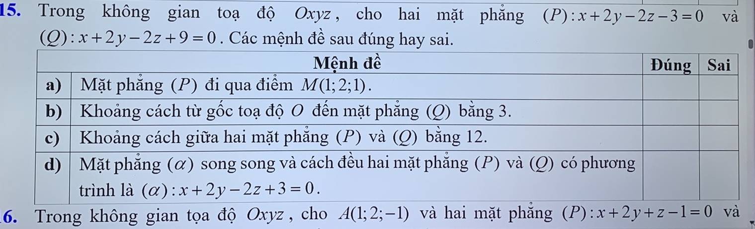 Trong không gian toạ độ Oxyz , cho hai mặt phẳng (P): x+2y-2z-3=0 và
(0 ):x+2y-2z+9=0 Các mệnh đề sau đúng hay sai.
6. Trong không gian tọa độ Oxyz , cho A(1;2;-1) và hai mặt phẳng (P): x+2y+z-1=0