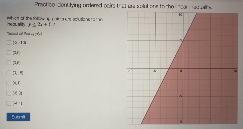 Practice identifying ordered pairs that are solutions to the linear inequality.
Which of the following points are solutions to the
inequality y≤ 2x+5 ?
(Select all that apply.)
(-2,-10)
(0,0)
(0,5)
(0,-5)
0
(4,1)
(-5,0)
(-4,1)
Submit