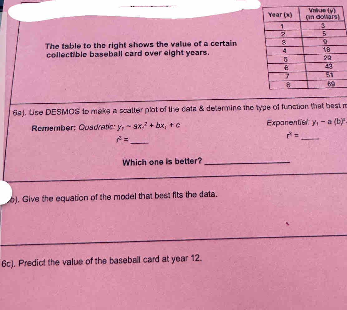 The table to the right shows the value of a certain 
collectible baseball card over eight years. 
6a). Use DESMOS to make a scatter plot of the data & determine the type of function that best m 
Remember: Quadratic: y_1-ax_1^(2+bx_1)+c Exponential: y_1sim a(b)^x
r^2= _
r^2= _ 
Which one is better?_ 
b). Give the equation of the model that best fits the data. 
_ 
6c). Predict the value of the baseball card at year 12.