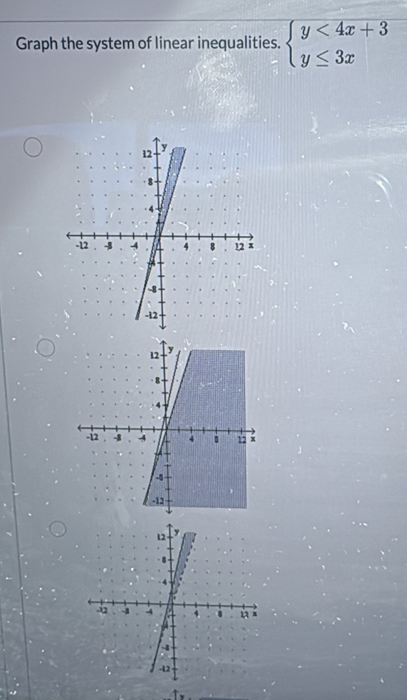 Graph the system of linear inequalities. beginarrayl y<4x+3 y≤ 3xendarray.