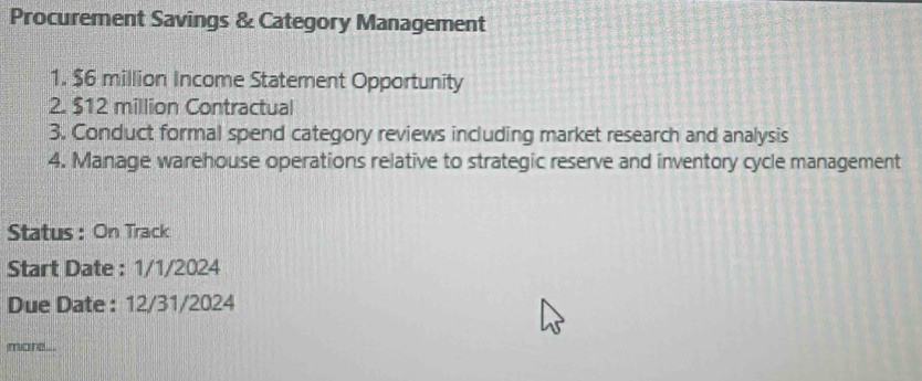 Procurement Savings & Category Management 
1. $6 million Income Statement Opportunity 
2. $12 million Contractual 
3. Conduct formal spend category reviews including market research and analysis 
4. Manage warehouse operations relative to strategic reserve and inventory cycle management 
Status : On Track 
Start Date : 1/1/2024 
Due Date: 12/31/2024 
more...