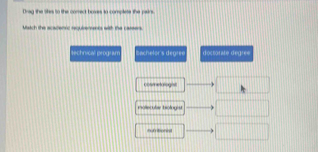 Drag the tifes to the correct boxes to complete the pairs.
Match the academic requirements with the careers.
technical program bachefor's degree doctorate degree
cosmetologist
molecular biologist
nutritionist