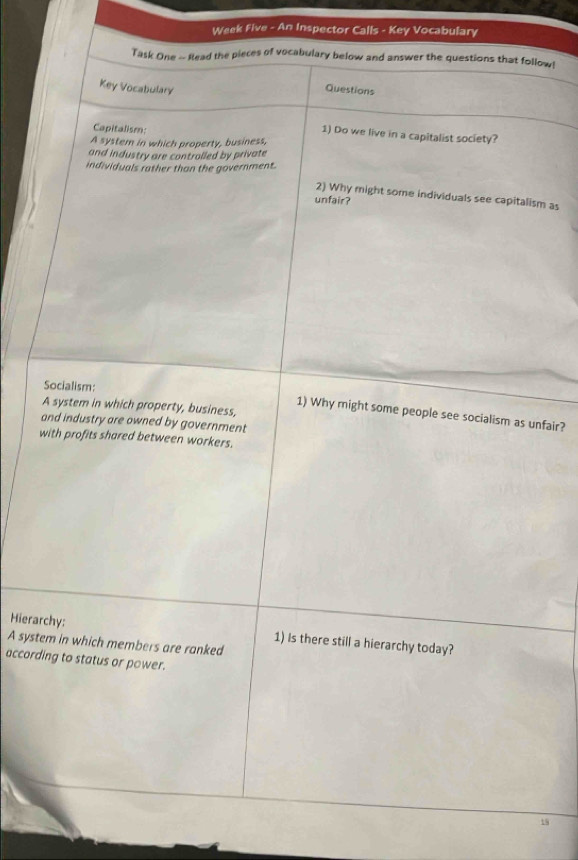 Week Five - An Inspector Calls - Key Vocabulary 
Task One - Read the pieces of vocabulary below and answer the questions that follow! 
Key Vocabulary Questions 
Capitalism 
1) Do we live in a capitalist society? 
A system in which property, business, 
and industry are controlled by private 
individuals rather than the government. 
2) Why might some individuals see capitalism as 
unfair? 
Socialism: 
A system in which property, business, 
1) Why might some people see socialism as unfair? 
and industry are owned by government 
with profits shared between workers. 
Hierarchy: 1) Is there still a hierarchy today? 
A system in which members are ranked 
according to status or power. 
18