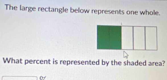 The large rectangle below represents one whole. 
What percent is represented by the shaded area? 
0/