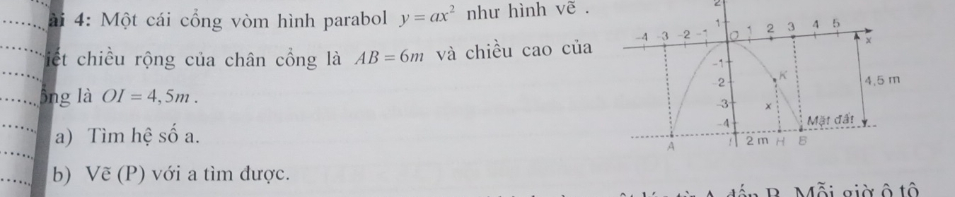 ài 4: Một cái cổng vòm hình parabol y=ax^2 như hình vẽ . 
2 
tiết chiều rộng của chân cổng là AB=6m và chiều cao của 
ông là OI=4,5m. 
a) Tìm hệ số a. 
b) Vẽ (P) với a tìm được. 
B. Mỗi giờ ô tô