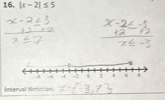 |x-2|≤ 5
Interval Notation: