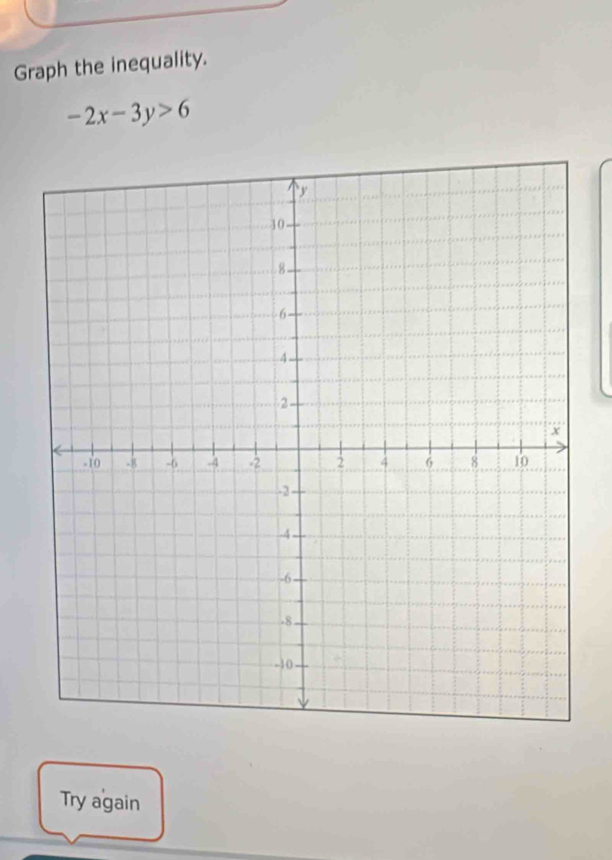 Graph the inequality.
-2x-3y>6
Try again