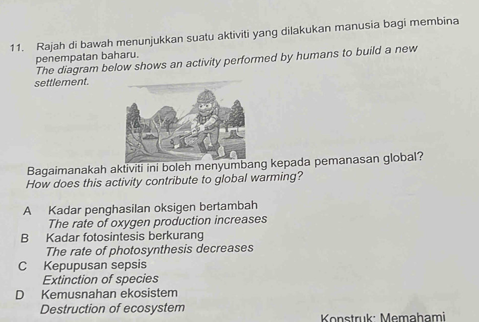 Rajah di bawah menunjukkan suatu aktiviti yang dilakukan manusia bagi membina
penempatan baharu.
The diagram below shows an activity performed by humans to build a new
settlement.
Bagaimanakah aktiviti ini boleh menyumbang kepada pemanasan global?
How does this activity contribute to global warming?
A Kadar penghasilan oksigen bertambah
The rate of oxygen production increases
B Kadar fotosintesis berkurang
The rate of photosynthesis decreases
C Kepupusan sepsis
Extinction of species
D Kemusnahan ekosistem
Destruction of ecosystem
Konstruk: Memahami