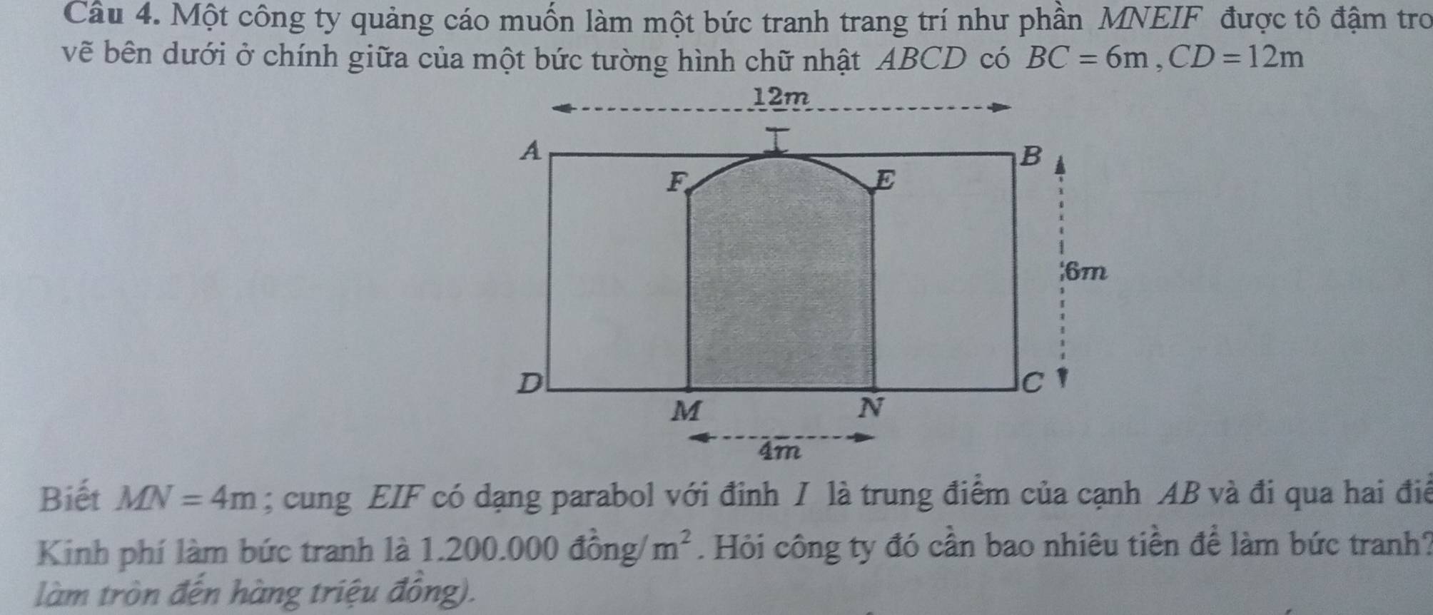 Một công ty quảng cáo muốn làm một bức tranh trang trí như phần MNEIF được tô đậm tro 
vẽ bên dưới ở chính giữa của một bức tường hình chữ nhật ABCD có BC=6m, CD=12m
Biết MN=4m; cung EIF có dạng parabol với đinh / là trung điểm của cạnh AB và đi qua hai điể 
Kinh phí làm bức tranh là 1. 200.000dong m^2. Hỏi công ty đó cần bao nhiêu tiền để làm bức tranh? 
làm tròn đến hàng triệu đồng).