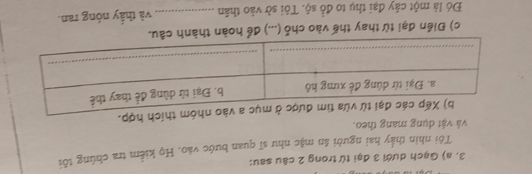 Gạch dưới 3 đại từ trong 2 câu sau: 
Tôi nhin thấy hai người ăn mặc như sĩ quan bước vào. Họ kiểm tra chúng tôi 
và vật dụng mang theo. 
hích hợp. 
c) Điền đại từ thay thế vào chỗ (...) để hoàn thàn 
Đó là một cây đại thụ to đồ sộ. Tôi sở vào thân _và thấy nóng ran.