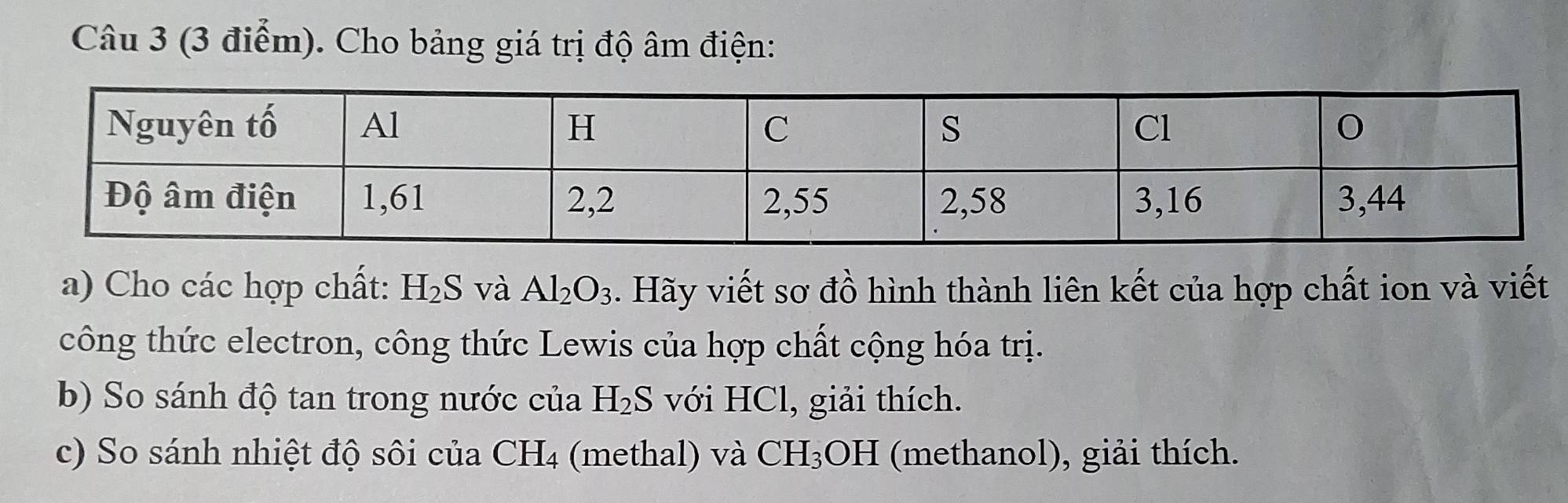 Cho bảng giá trị độ âm điện: 
a) Cho các hợp chất: H_2S và Al_2O_3 4. Hãy viết sơ đồ hình thành liên kết của hợp chất ion và viết 
công thức electron, công thức Lewis của hợp chất cộng hóa trị. 
b) So sánh độ tan trong nước của H_2S với HCl, giải thích. 
c) So sánh nhiệt độ sôi của CH_4 (methal) và CH_3 OH (methanol), giải thích.