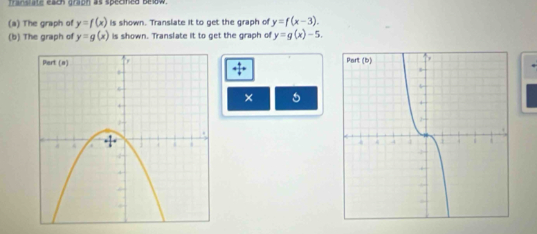 Transtate each graph as specied below. 
(a) The graph of y=f(x) is shown. Translate it to get the graph of y=f(x-3). 
(b) The graph of y=g(x) is shown. Translate it to get the graph of y=g(x)-5. 
overleftrightarrow rightarrow frac downarrow 
x 5