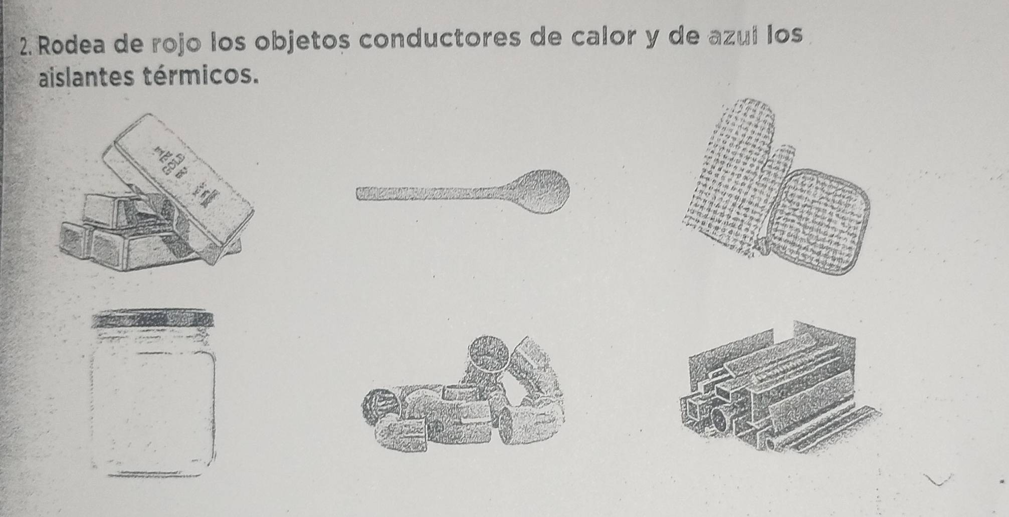 Rodea de rojo los objetos conductores de calor y de azuí los 
aislantes térmicos.