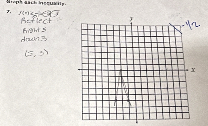 Graph each inequality. 
7. f(x)≥ -|x-5|-3