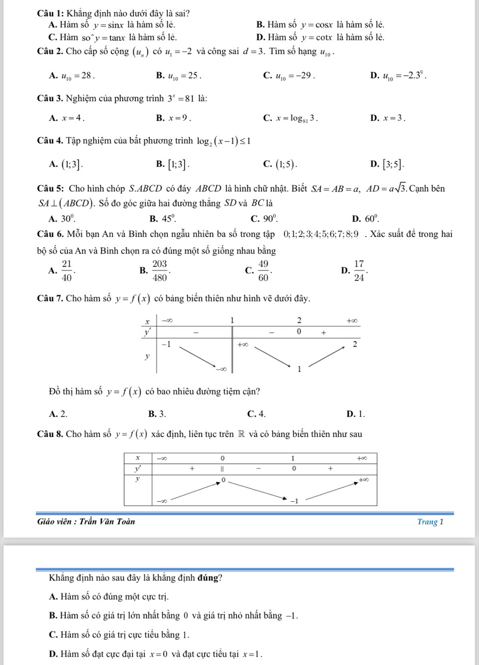 Khẳng định nào dưới đây là sai?
A. Hàm số y=sin x là hàm số lẻ. B. Hàm số y=cos x là hàm số lẻ.
C. Hàm so^(wedge)y=tan x là hàm số lẻ. D. Hàm số y=cot x là hàm số lẻ.
Câu 2. Cho cấp số cộng (u_n) có u_1=-2 và công sai d=3. Tìm số hạng u_10·
A. u_10=28. B. u_10=25. C. u_10=-29. D. u_10=-2.3^9.
Câu 3. Nghiệm của phương trình 3^x=81 là:
A. x=4. B. x=9. C. x=log _813. D. x=3.
Câu 4. Tập nghiệm của bất phương trình log _2(x-1)≤ 1
A. (1;3]. B. [1;3]. C. (1;5). D. [3;5].
Câu 5: Cho hình chóp S.ABCD có đáy ABCD là hình chữ nhật. Biết SA=AB=a,AD=asqrt(3). Cạnh bên
SA⊥ (ABCD). Số đo góc giữa hai đường thắng SD và BC là
A. 30^0. B. 45°. C. 90^0. D. 60°.
Câu 6. Mỗi bạn An và Bình chọn ngẫu nhiên ba số trong tập 0;1;2;3;4;5;6;7;8;9. Xác suất đề trong hai
bộ số của An và Bình chọn ra có đúng một số giống nhau hano
A.  21/40 . B.  203/480 . C.  49/60 . D.  17/24 .
Câu 7. Cho hàm số y=f(x) có bảng biến thiên như hình vẽ dưới đây.
Đồ thị hàm số y=f(x) có bao nhiêu đường tiệm cận?
A. 2. B. 3. C. 4. D. 1.
Câu 8. Cho hàm số y=f(x) xác định, liên tục trên R và có bảng biến thiên như sau
Giáo viên : Trần Văn Toàn Trang 1
Khẳng định nào sau đây là khẳng định đúng?
A. Hàm số có đúng một cực trị.
B. Hàm số có giá trị lớn nhất bằng 0 và giá trị nhỏ nhất bằng −1.
C. Hàm số có giá trị cực tiểu bằng 1.
D. Hàm số đạt cực đại tại x=0 và đạt cực tiểu tại x=1.
