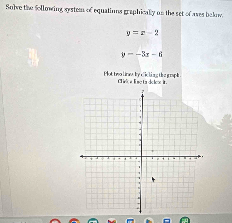 Solve the following system of equations graphically on the set of axes below.
y=x-2
y=-3x-6
Plot two lines by clicking the graph.
Click a line to delete it.