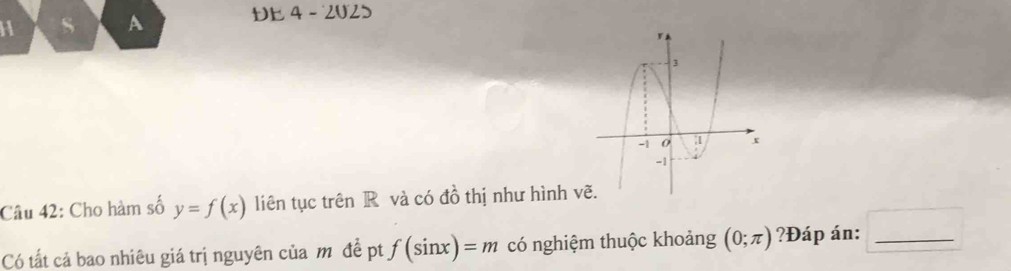 DŁ 
H S A 4-2025 
Câu 42: Cho hàm số y=f(x) liên tục trên R và có đồ thị như hình vẽ. 
Có tất cả bao nhiêu giá trị nguyên của m đề pt f(sin x)=m có nghiệm thuộc khoảng (0;π ) ?Đáp án:_