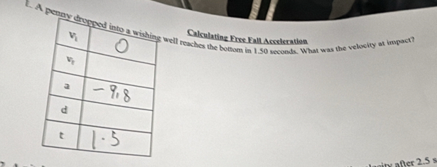 A pennwell reaches the bottom in 1.50 seconds. What was the velocity at impact?
Calculating Free Fall Acceleration
ter 2.5 s