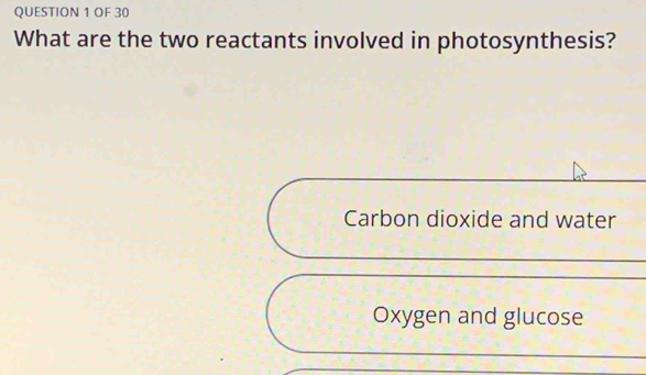 OF 30
What are the two reactants involved in photosynthesis?
Carbon dioxide and water
Oxygen and glucose