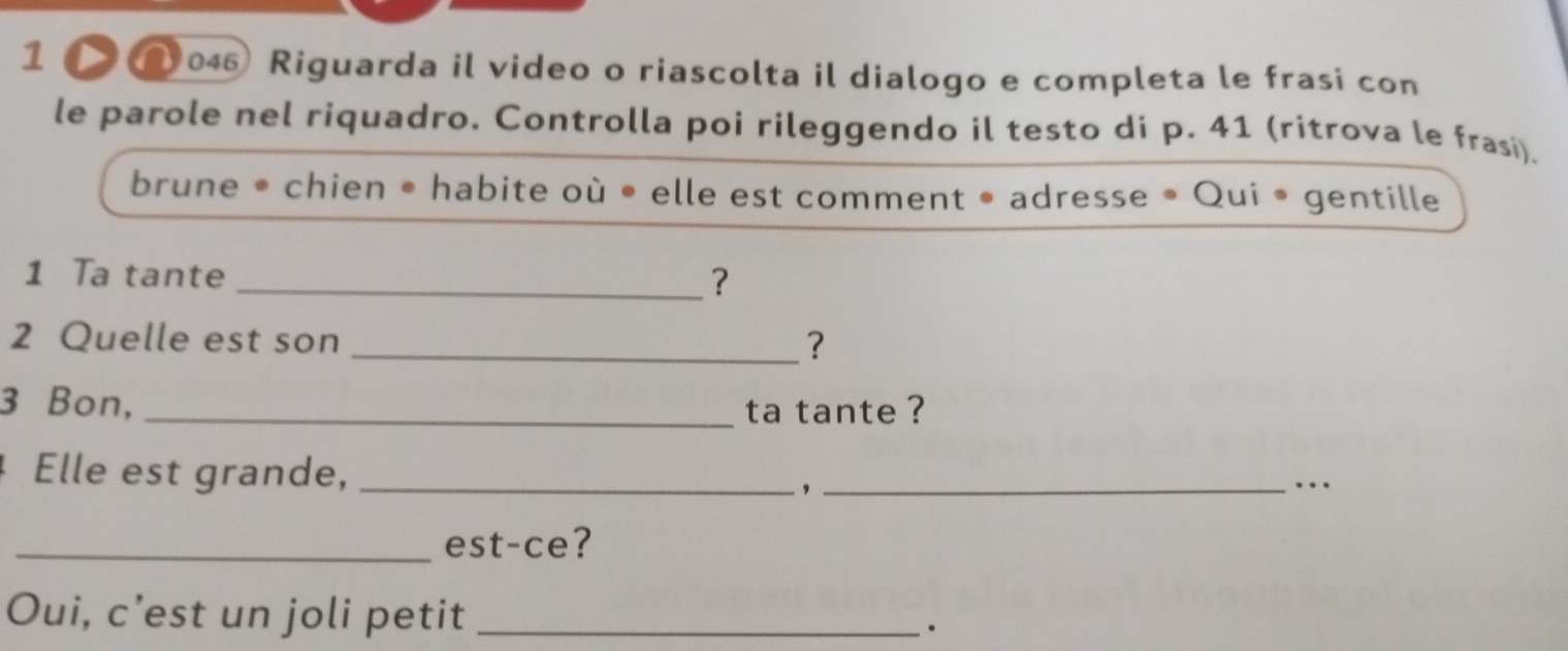 1 
046 Riguarda il video o riascolta il dialogo e completa le frasi con 
le parole nel riquadro. Controlla poi rileggendo il testo di p. 41 (ritrova le frasí). 
brune • chien • habite où • elle est comment • adresse • Qui • gentille 
1 Ta tante 
_? 
2 Quelle est son _? 
3 Bon,_ 
ta tante ? 
Elle est grande, _,_ 
… 
_est-ce? 
Oui, c’est un joli petit _。