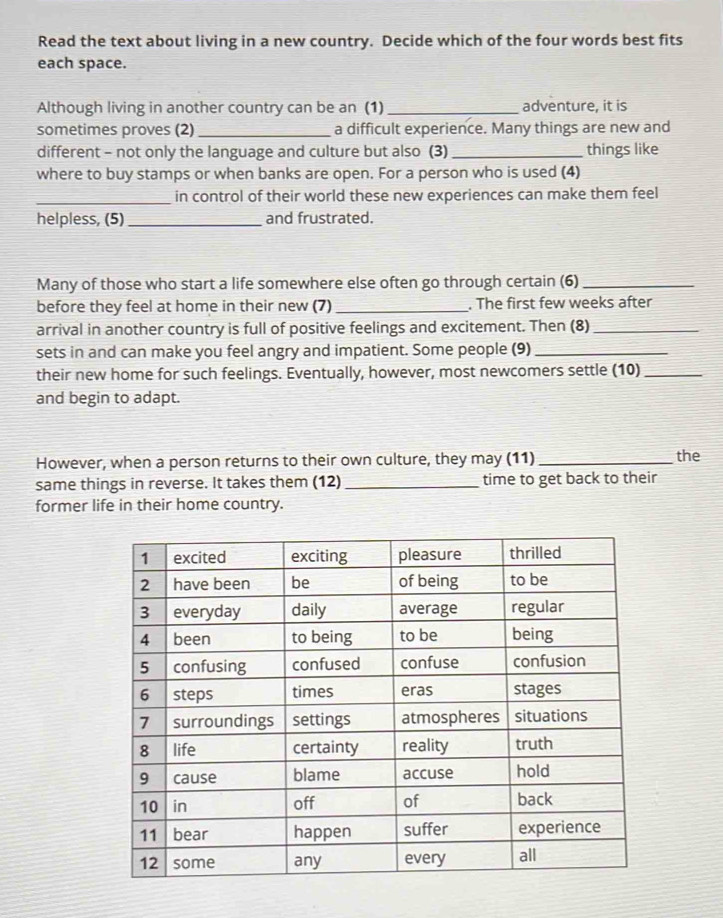 Read the text about living in a new country. Decide which of the four words best fits 
each space. 
Although living in another country can be an (1) _adventure, it is 
sometimes proves (2)_ a difficult experience. Many things are new and 
different - not only the language and culture but also (3)_ things like 
where to buy stamps or when banks are open. For a person who is used (4) 
_in control of their world these new experiences can make them feel 
helpless, (5) _and frustrated. 
Many of those who start a life somewhere else often go through certain (6)_ 
before they feel at home in their new (7)_ . The first few weeks after 
arrival in another country is full of positive feelings and excitement. Then (8)_ 
sets in and can make you feel angry and impatient. Some people (9)_ 
their new home for such feelings. Eventually, however, most newcomers settle (10)_ 
and begin to adapt. 
However, when a person returns to their own culture, they may (11) _the 
same things in reverse. It takes them (12)_ time to get back to their 
former life in their home country.