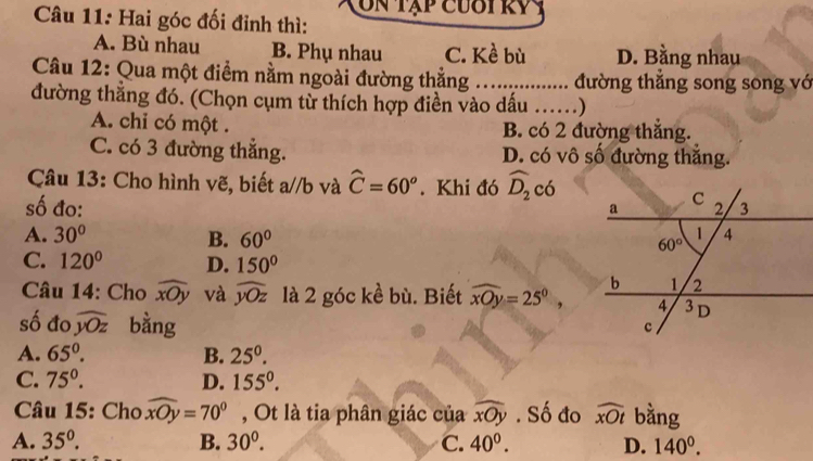 Hai góc đối đinh thì:
A. Bù nhau B. Phụ nhau C. Kề bù D. Bằng nhau
Câu 12: Qua một điểm nằm ngoài đường thắng .. ............ đường thắng song song vớ
đường thẳng đó. (Chọn cụm từ thích hợp điền vào dấu ……)
A. chi có một . B. có 2 đường thắng.
C. có 3 đường thắng. D. có vô số đường thắng.
Câu 13: Cho hình vẽ, biết a//b và widehat C=60^o. Khi đó widehat D_2c 6
số đo:
A. 30° B. 60°
C. 120° D. 150°
Câu 14: Cho widehat xOy và widehat yOz là 2 góc kề bù. Biết widehat xOy=25^0,
số đo widehat yOz bằng
A. 65°. B. 25^0.
C. 75°. D. 155°.
Câu 15: Cho widehat xOy=70° , Ot là tia phân giác của widehat xOy. Số đo widehat xOt bằng
A. 35°. B. 30^0. C. 40^0. D. 140^0.