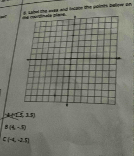 Label the axes and locate the points below on 
4 (sqrt(1.5),3.5)
B(4,-5)
C(-4,-2.5)