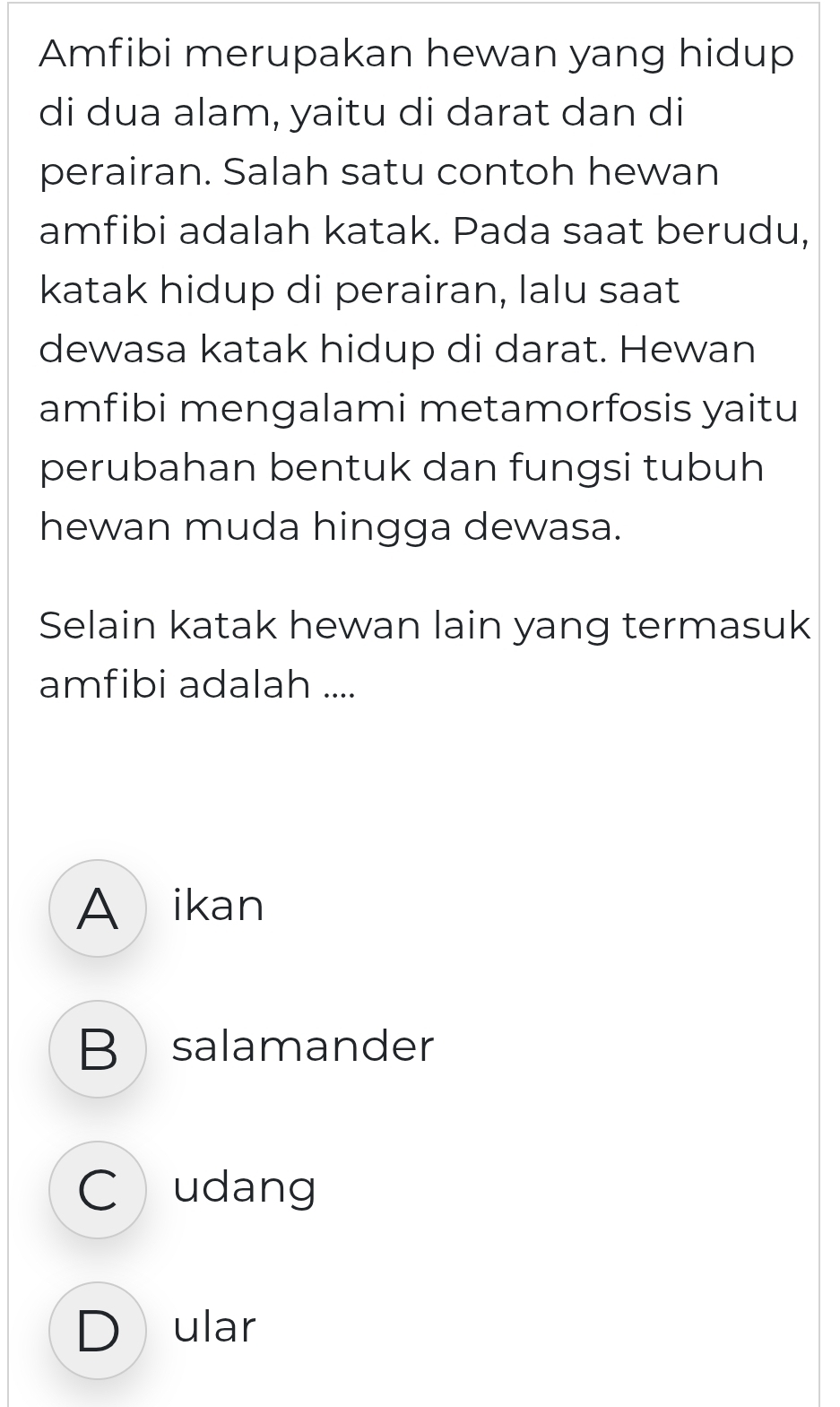 Amfibi merupakan hewan yang hidup
di dua alam, yaitu di darat dan di
perairan. Salah satu contoh hewan
amfibi adalah katak. Pada saat berudu,
katak hidup di perairan, lalu saat
dewasa katak hidup di darat. Hewan
amfibi mengalami metamorfosis yaitu
perubahan bentuk dan fungsi tubuh
hewan muda hingga dewasa.
Selain katak hewan lain yang termasuk
amfibi adalah ....
A ikan
B salamander
Cudang
D ular