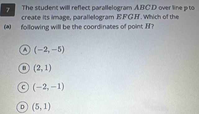 The student will reflect parallelogram ABCD over line p to
create its image, parallelogram EFGH. Which of the
(a) following will be the coordinates of point H?
A (-2,-5)
B (2,1)
C (-2,-1)
D (5,1)