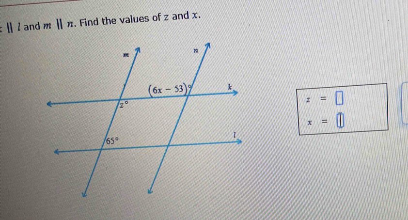 lllan m|mendvmatrix n. Find the values of z and x.
z=□
x=□