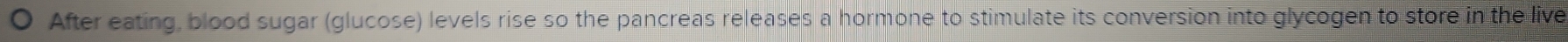 After eating, blood sugar (glucose) levels rise so the pancreas releases a hormone to stimulate its conversion into glycogen to store in the live